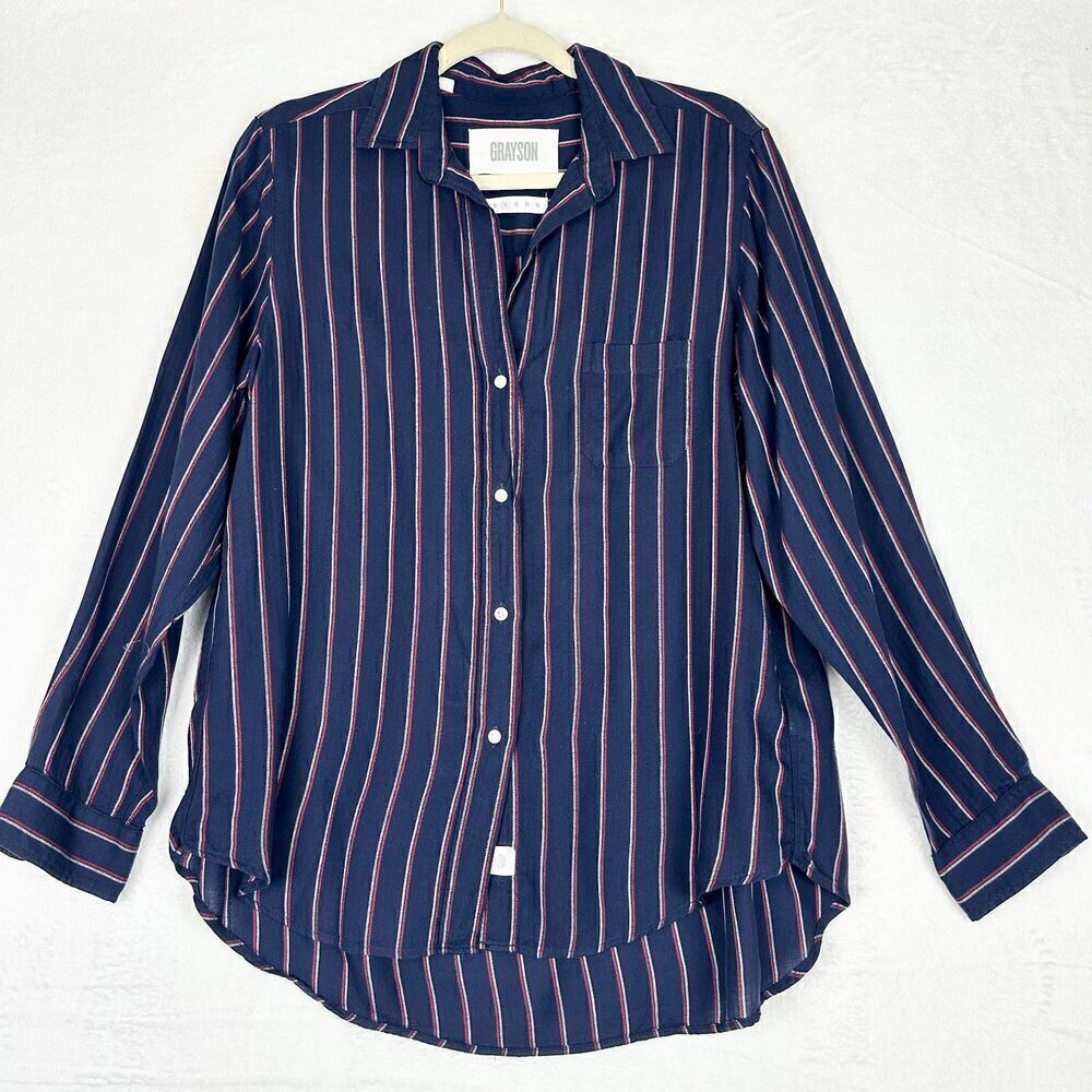 Frank Eileen Grayson The Hero Button Down Flannel Size Small Stripe Navy Lyocell